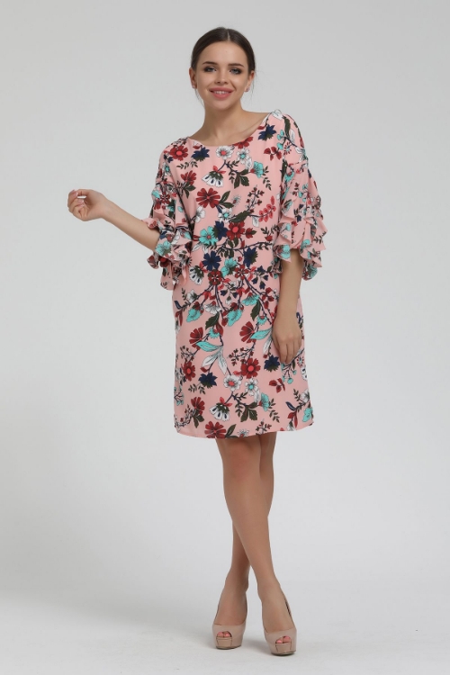 Picture of Woman Pink Ruffle Half Sleeve flower Patterned Midi Dress