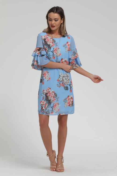 Picture of Woman Blue Ruffle Half Sleeve flower Patterned Midi Dress