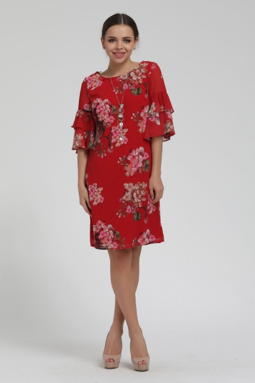 Picture of Woman Red Ruffle Half Sleeve flower Patterned Midi Dress