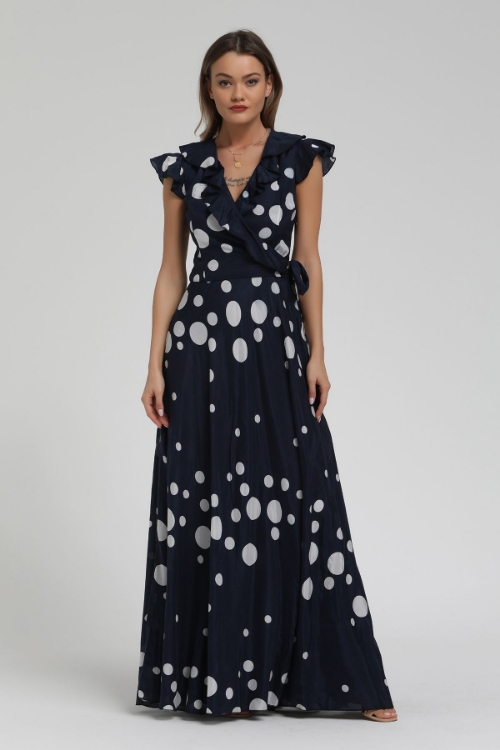 Picture of Woman Navy Navy Blue collar Ruffle Polka Dot Long Maxi Dress