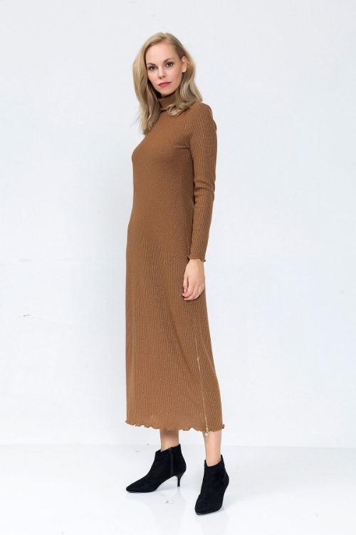 Picture of Woman Brown side Zipped turtleneck Knitwear Dress