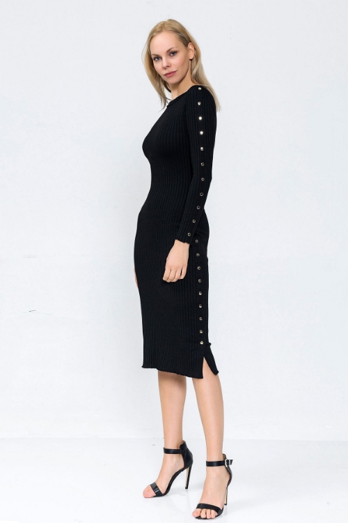 Kadın Siyah Yanları Çıtçıtlı Triko Elbise resmi