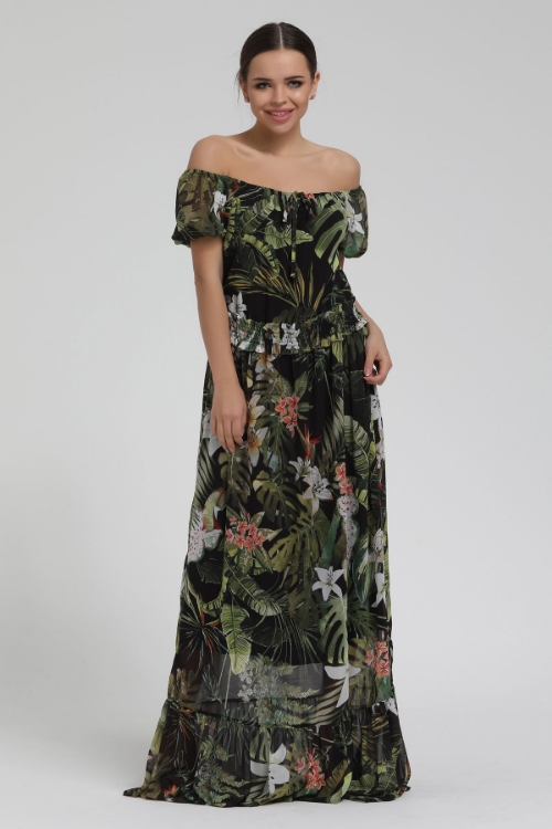 Picture of Woman Green leaf Patterned Light shouldered Long Maxi Chiffon Dress