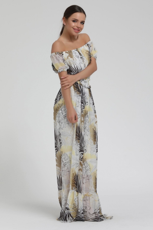 Picture of Woman Ecru leaf Patterned Light shouldered Long Maxi Chiffon Dress