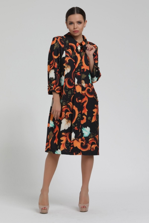 Picture of Woman Orange - Black leaf Patterned Midi Dress