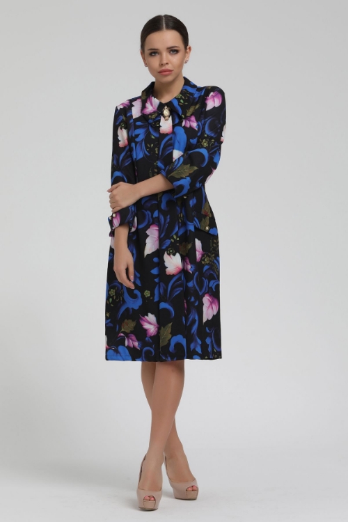 Picture of Woman Blue - Black leaf Patterned Midi Dress