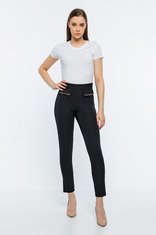 Kadın Siyah Yüksek Bel Cep Detaylı Pantolon resmi
