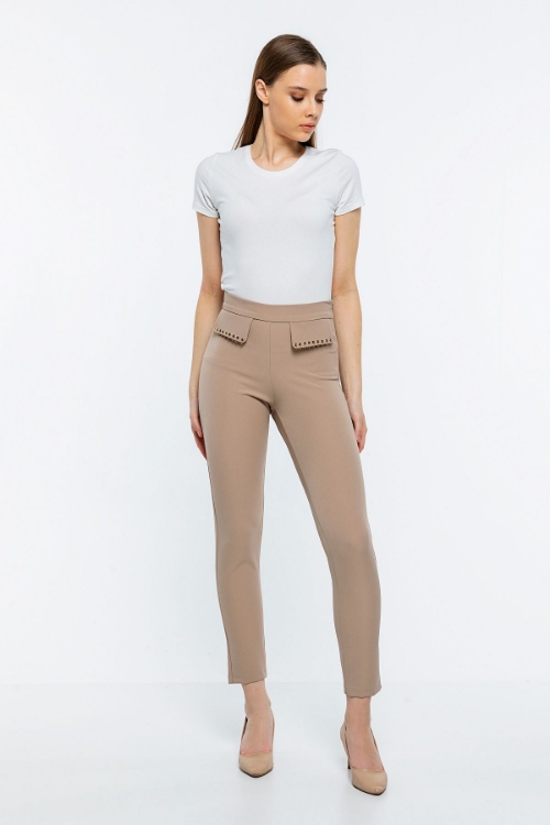 Picture of Woman Beige High Waist Pocket Detailed Trousers