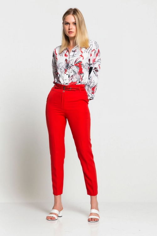 Kadın Kırmızı Yüksek Bel Kemerli Pantolon resmi