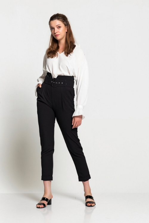 Picture of Woman Black High Waist Belted Trousers