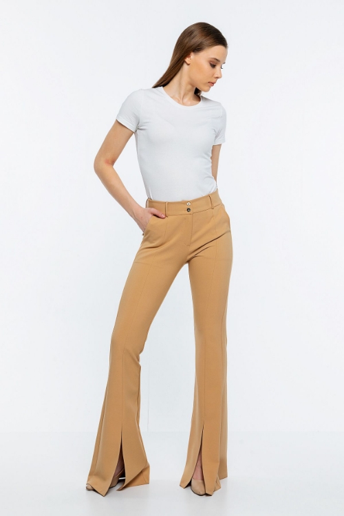 Picture of Woman Camel High Waist Slit Flare Trotter Trousers